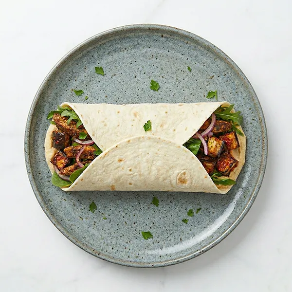 Baharat Spiced Chicken Wrap with Harissa Eggplant and Hummus